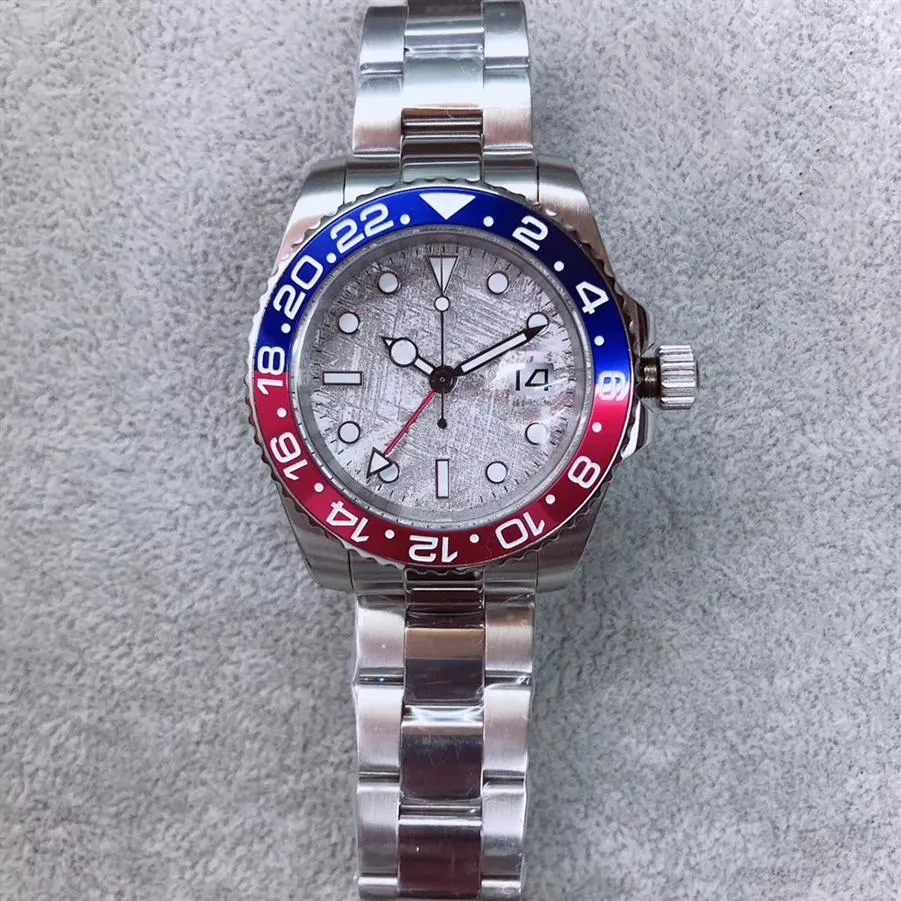 ST9 Steel Automatic Mechanical Watch GMT Pepsi Strap Red Blue Meteorite Dial Bezel Big Sapphire Glass 40mm Men Watches Wristw207J