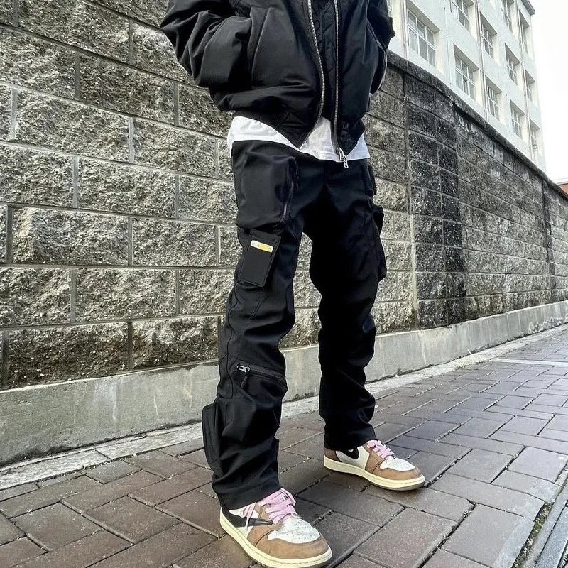 Originmulti bolso função zíper casual fino solto náilon preto calças masculinas techwear calças com zíper tendência moda masculina hiphop streetwear calças