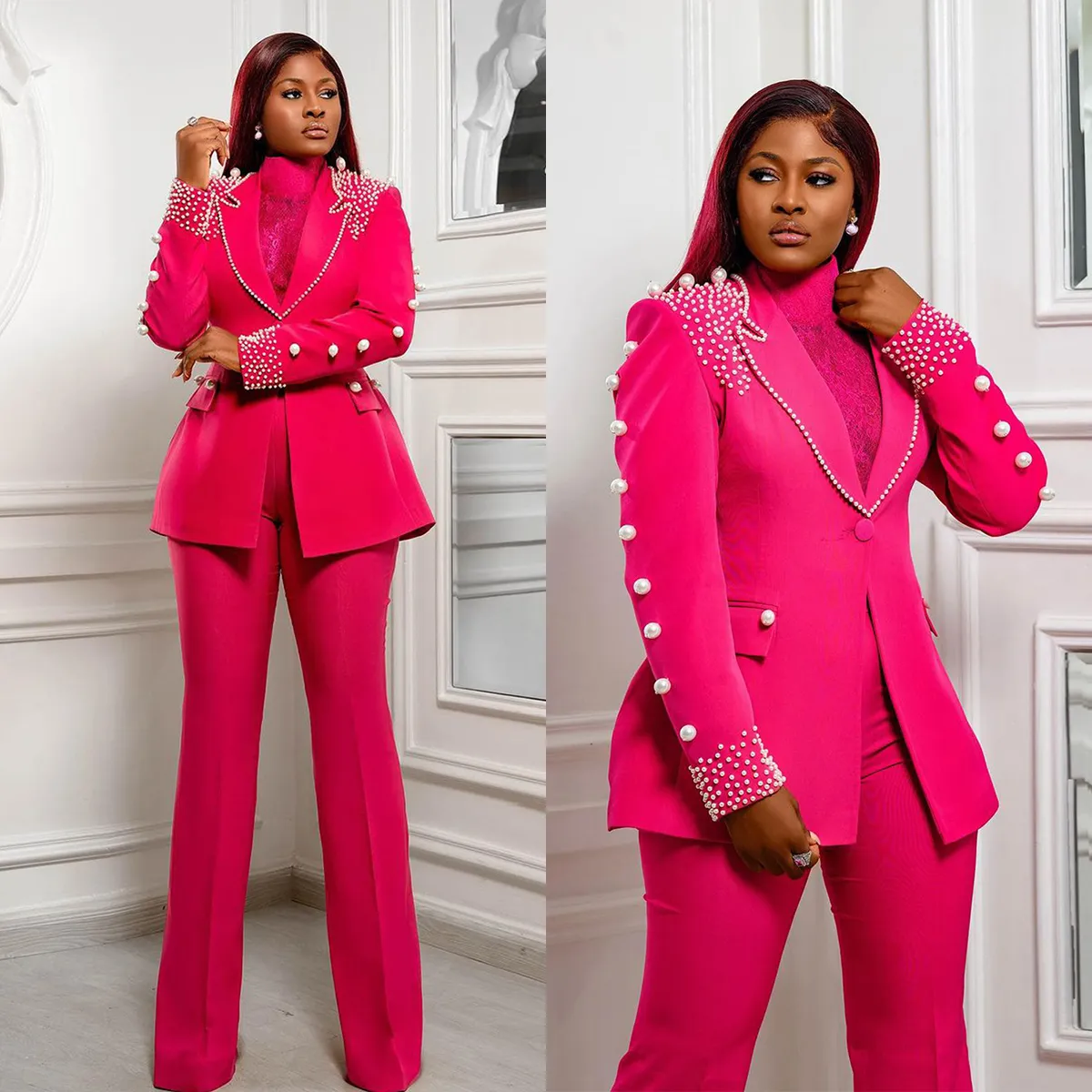 Tuxedos de mariage Rose rouge pour femmes, grandes perles, costumes pantalons pour mère de la mariée, sur mesure pour dames, tenue de bal, 2 pièces