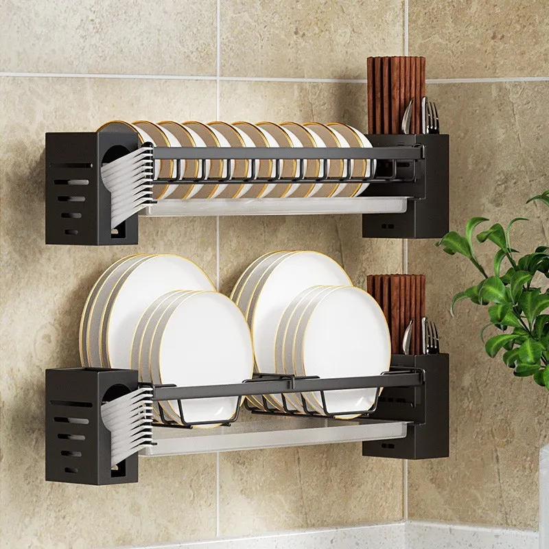 2024 Wall Mounted Dish Drainer Rack Kitchen Storage Shelves Metal Tableware Holder Bowl Plate Drying Shelf Portable Kitchen Organizer Deep Blue