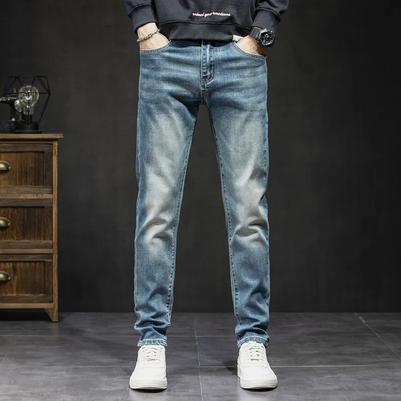 Mens Jeans Spring Pants for Men Stretch Slim Fit Denim Light Blue Casual Trousers Man Kpop Autumn Clothing 230922