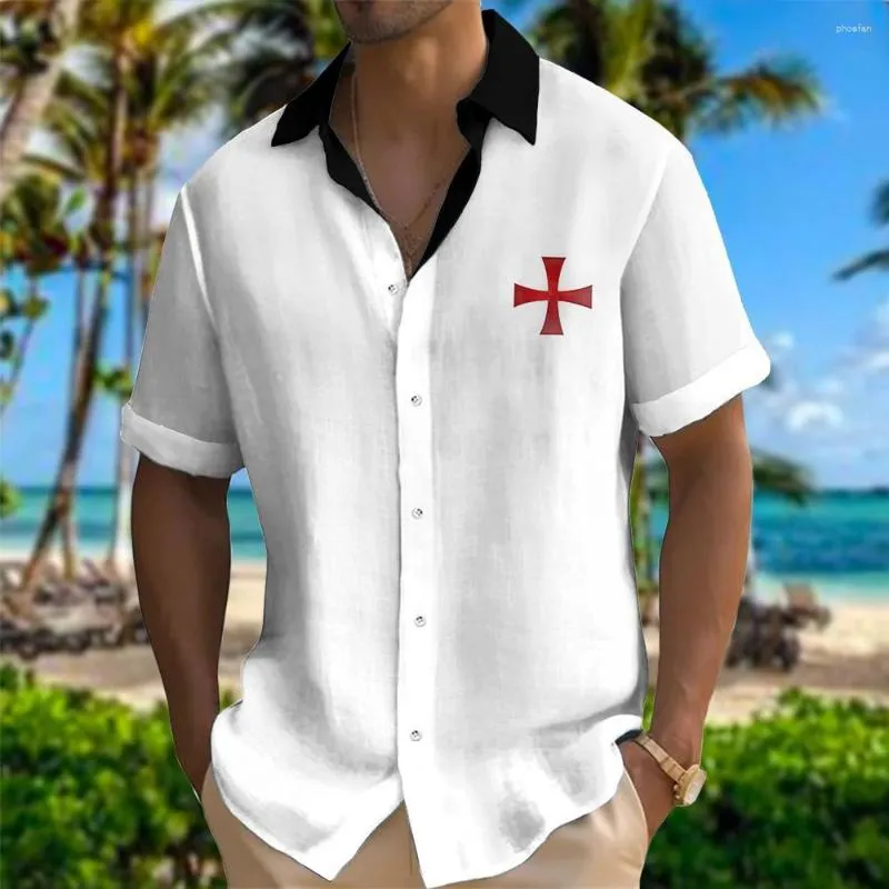 メンズカジュアルシャツ黒と白のシャツシンプルなパターン印刷された半袖ブラウスレトロ服ラペルビジネスボタン