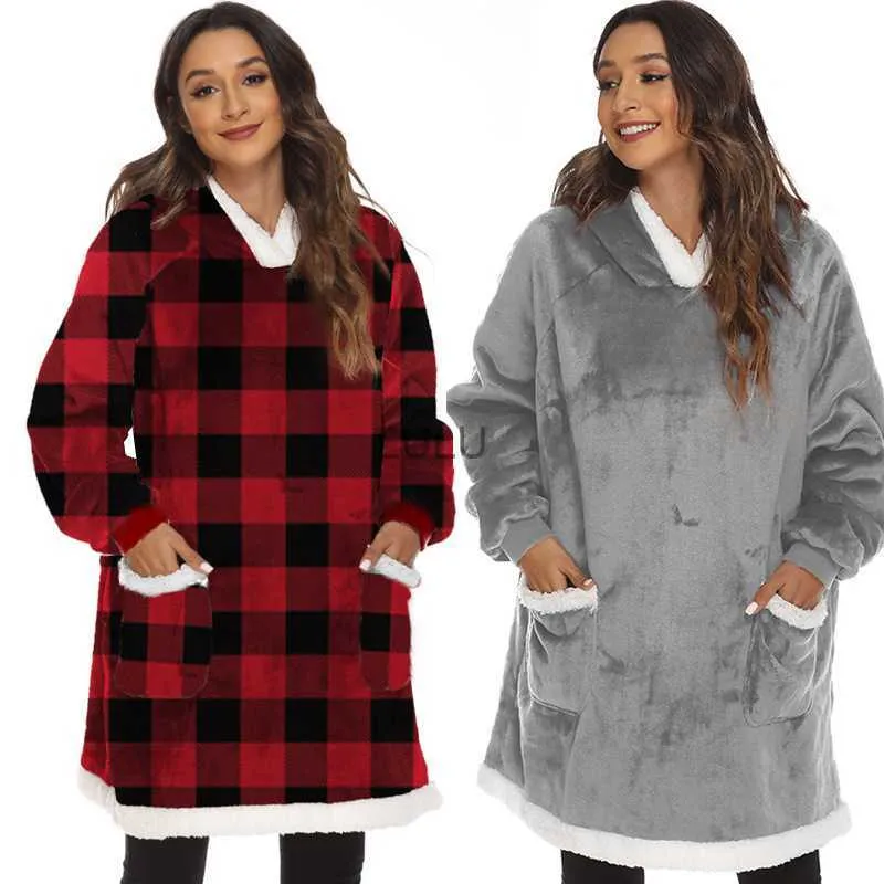 Blankets TV Blanket Sweatshirt with Dual Pockets Women's Ideal for Couples and Casual Wears Oversized Hoodie Hoodies Sweat-shirt Plaid HKD230922