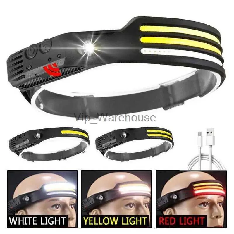 Stirnlampen Wiederaufladbare Stirnlampe Campingzubehör Ausrüstung Wasserdichte Kopf-LED-Leuchten Taschenlampe zum Wandern Laufen Radfahren Angeln HKD230922