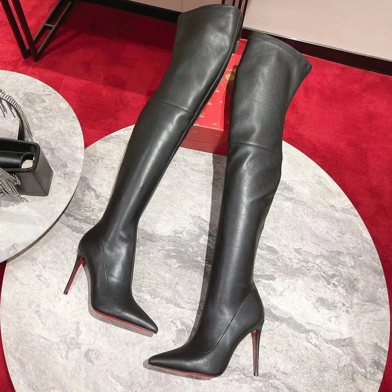 Black Genuine leather over-the-knee boots stiletto heels point toes side zip thigh-high stretch tall boot for women luxury designer shoes factory footwear with box