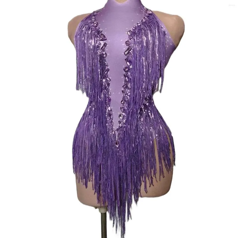 Stage Wear Purple Tassel Justaucorps Jazz Dance Costume Une pièce Sparkly Cristaux Franges Body Dancer Performance Show Vêtements