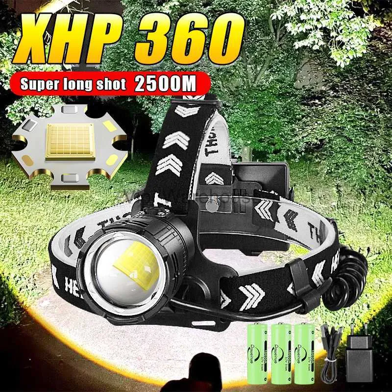 Huvudlampor Super kraftfulla XHP360 Strålkastare 36 Kärnan uppladdningsbar strålkastare Högeffekt Huvudlampan XHP199 Typ C Head Lamp Camping Lantern HKD230922