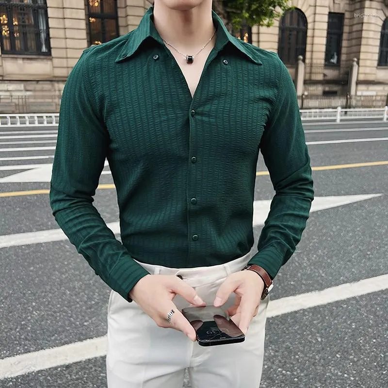 Men's Casual Shirts Sexy Slim Tight White For Mens Wedding Party Wear  Social Club Stylish Clothing Elegant Gentleman Blouse Blackish Green