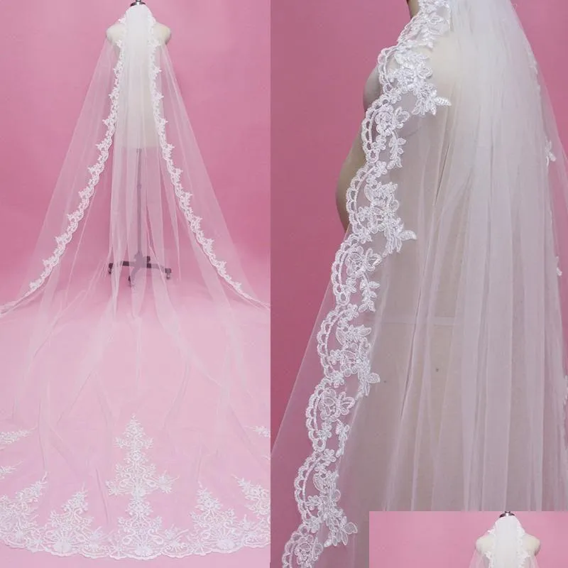 Voiles de mariée Real Pos 4 mètres de long bord de dentelle une couche voile avec peigne luxe M blanc ivoire Velo de Novia Drop livraison fête événements A Dhkx0