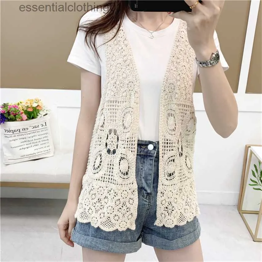 Kvinnors västar sommar sexig ihålig ut spets toppväst ärmlös väst Kvinnor virkning toppar öppen stitch cardigan boho strand chalecos para mujer l230922