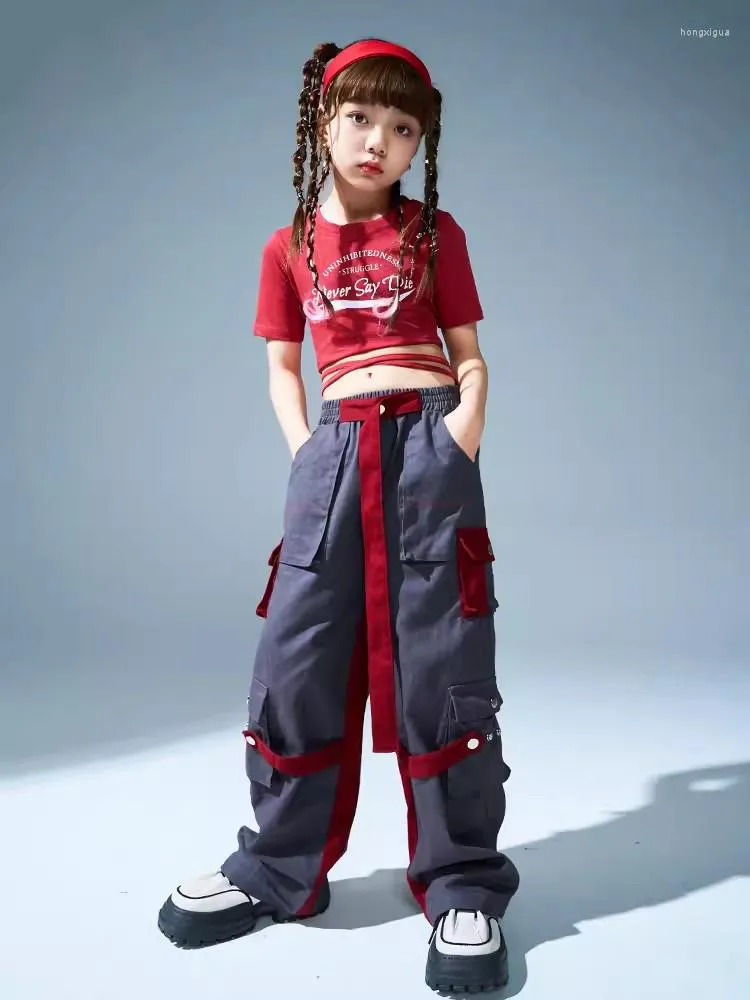 Bühnenkleidung Mädchen Kpop Outfits Modern Dance Kleidung Sommer Tops Graue Hosen Hip Hop Kostüm Kinder Konzert Walk Show BL10995