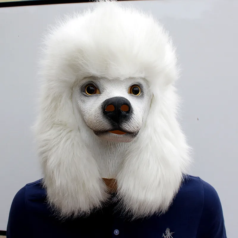 Máscaras de festa Natal Branco Poodle Cão Halloween Party Máscara Látex Cão Cabeça Cheia Animal Cosplay Fancy Dress Máscaras Adulto Engraçado Traje Adereços 230922