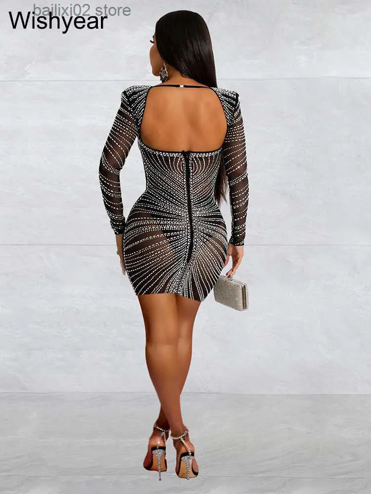 Vestidos Casuales Basicos Ano Mujer Elegante Glitter Crystal Rhinestone Manga Larga Sheer Mesh Vestido Corto Sin Respaldo Cumpleanos Incluso Boda Lujo T230922 De 6 54 DHgate