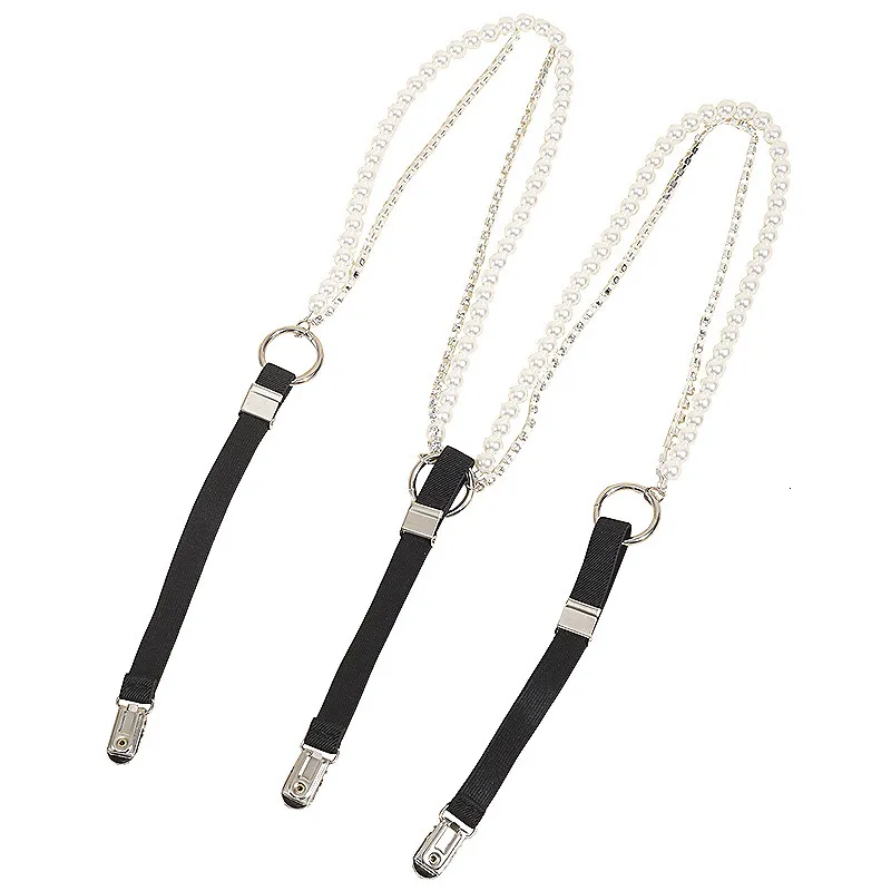 Elegant Pearl Rhinestone Suspenders - Womens Elastic Clip-On