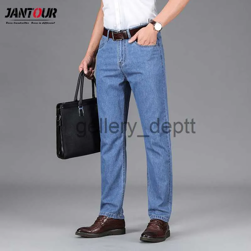 Mäns jeans 100%Cotton High Quality Men's Jeans Classic Thin Business Casual Advanced Stretch Fit Denim Trousers Blue medelålders Pants Mal J230922