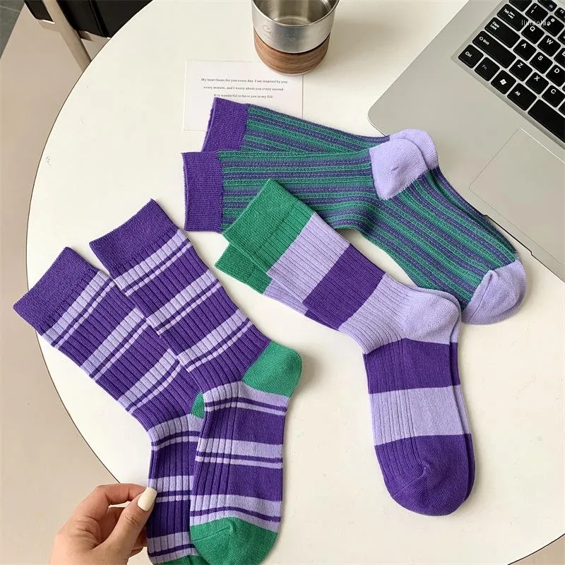 Женские носки контрастных цветов, фиолетовый градиент цвета, индивидуальные универсальные мужские носки с двойной иглой из чистого хлопка, спортивный ход