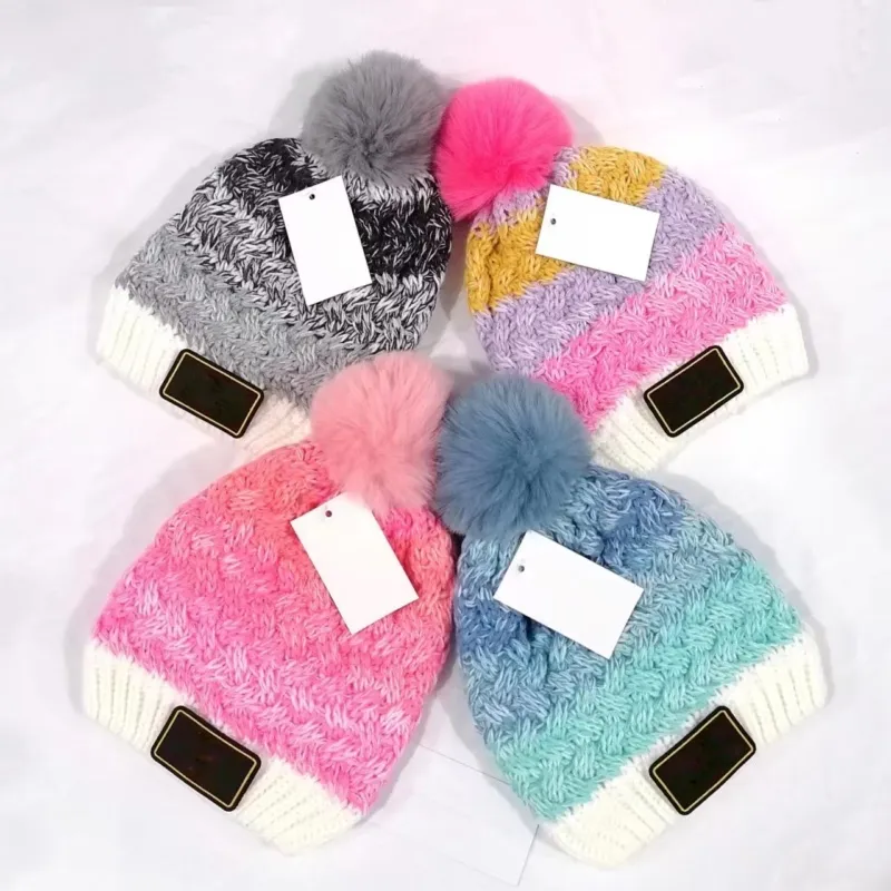 New Luxury Brand Children Knitted Cap Winter Warm Hats Big Ball Wool Hat Cute Baby Colorful Knitting Hats 4 Colors For 4-11 Years Old