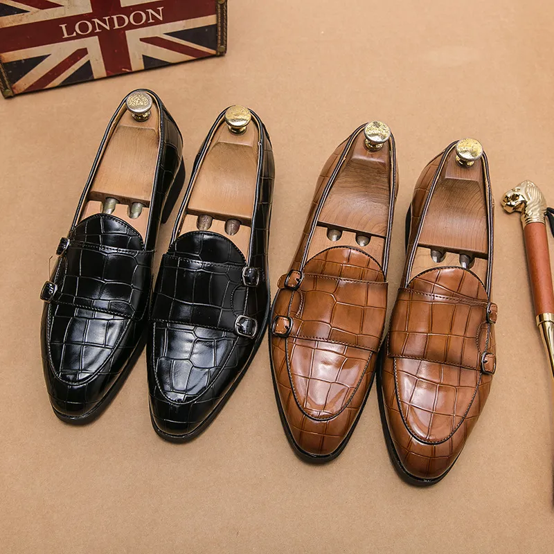 Män formella skor bruna loafers slip-on rund tå företag dubbel spänne munkskor för pojkar fest klänning stövlar