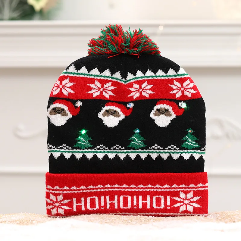 Novos chapéus de natal led inverno quente dos desenhos animados boné adulto crianças natal brilho gorros de malha