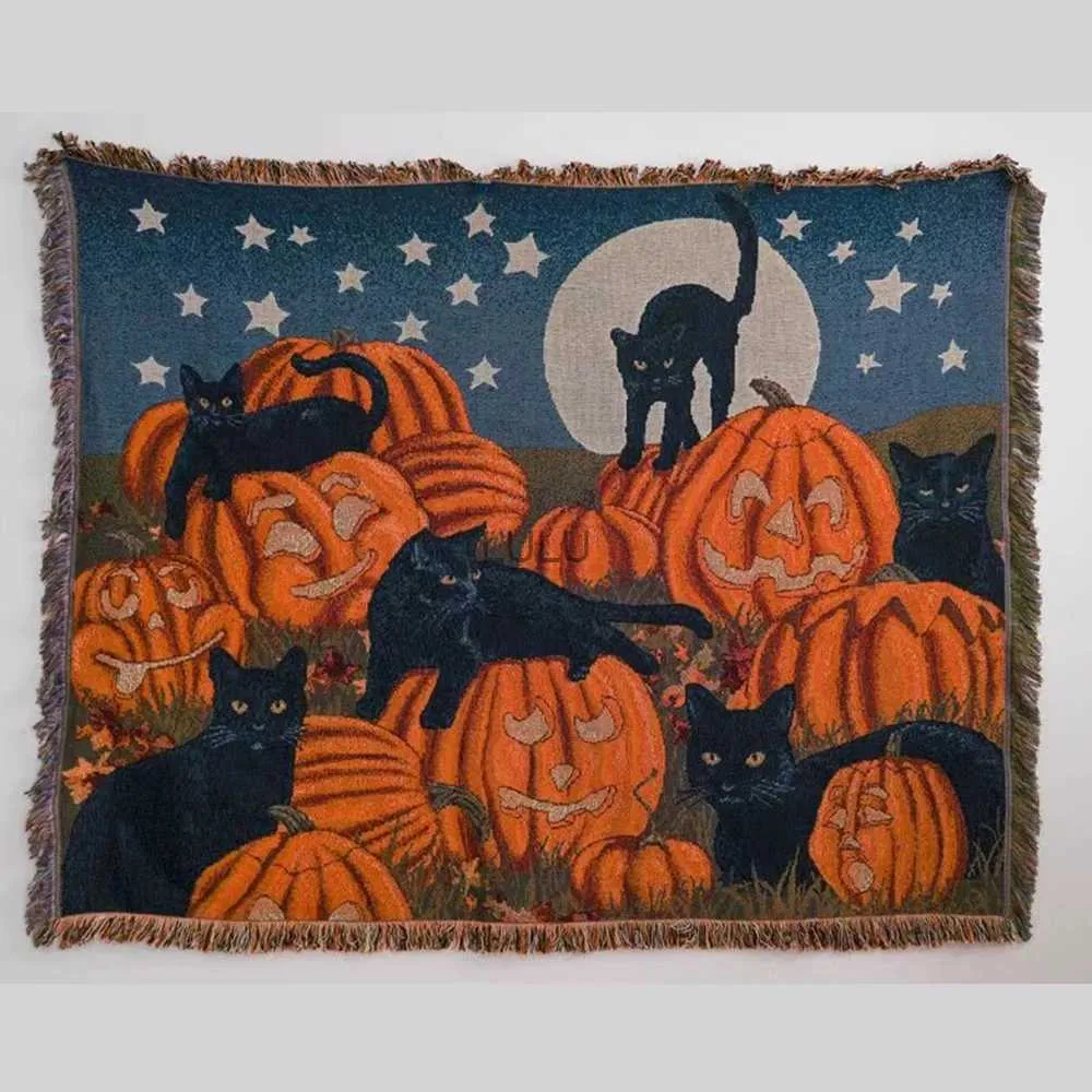 Filtar halloween svart katt stickad filt för sängar soffa handduk fullt täcke soffa filtar höst vinter picknick matta kast tapestry tassel hkd230922