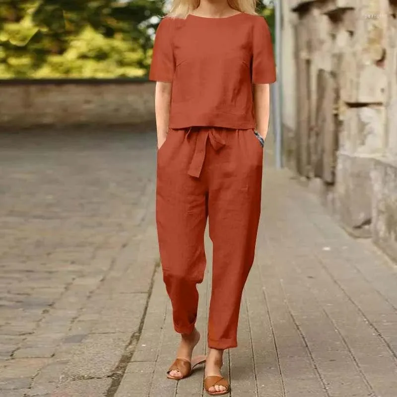 Womens Two Piece Pants Autumn Cotton Linen Tracksuit Suit Short Sleeve Top  Loose Set Female Casual Fashion Elegant Ladies From Peanutoil, $14.25