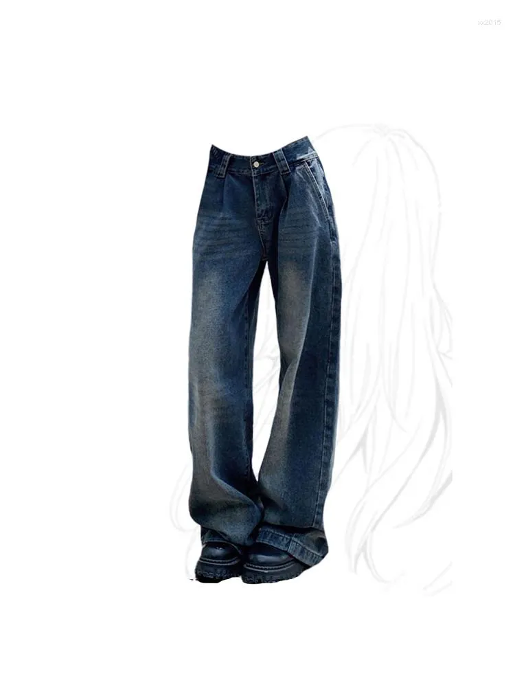 Jeans Women Loose Wide Leg Jean Retro Streetwear Blue High Waist