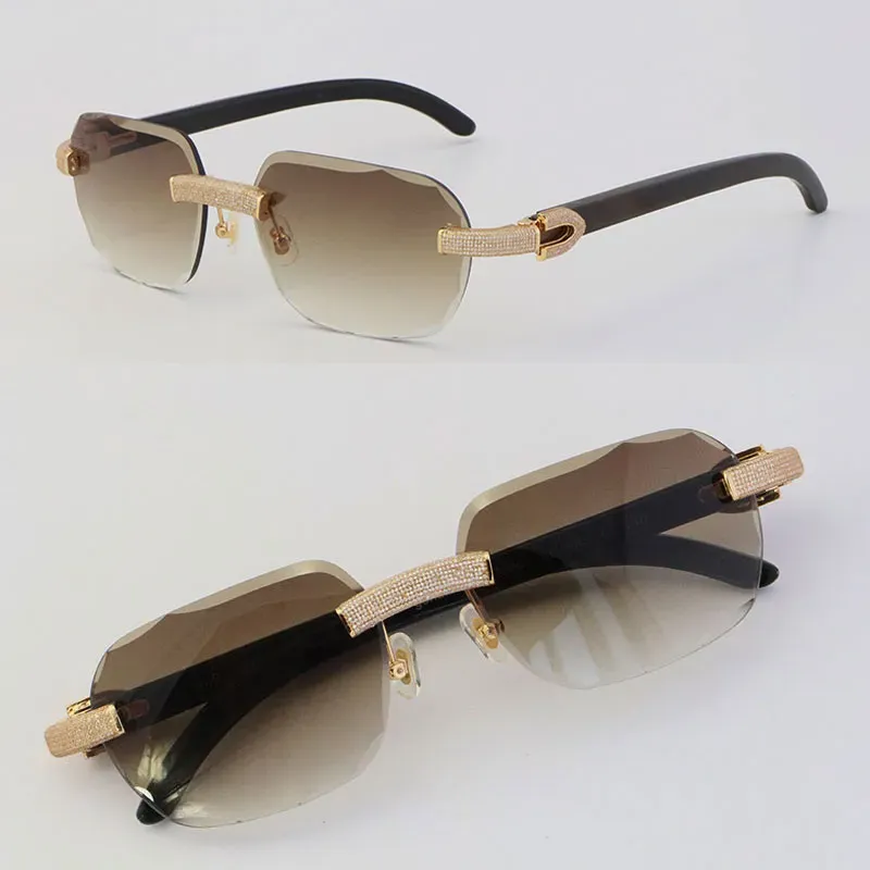 Nya svarta buffelhorn solglasögon Rimless Micro-Paved Diamond Sun Glasses Män Kvinnor med C Dekoration Rockar Trådram Glasögon Male och kvinnlig vintage