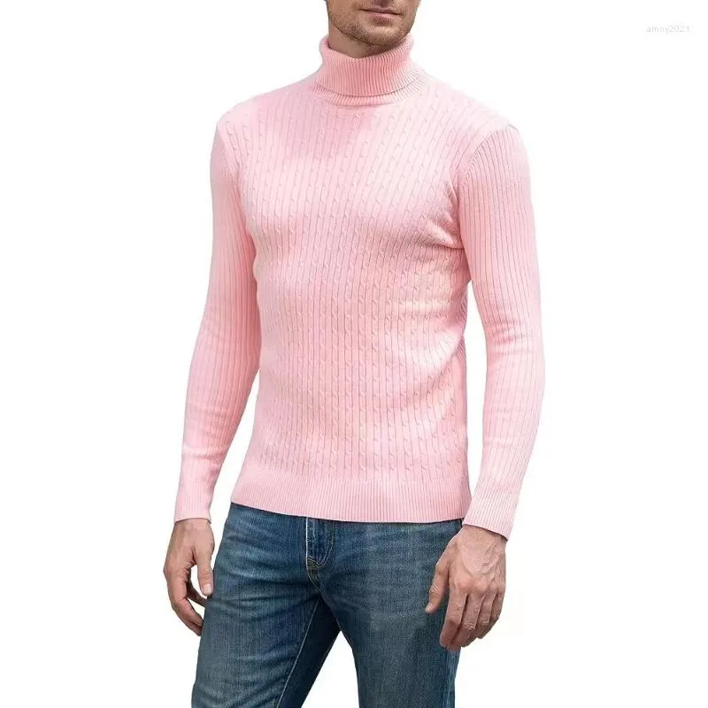 Herrtröjor 2023 Höst- och vinterhalströja Jacquard Sticked Elastic Slim Fit Pullover Pink Men