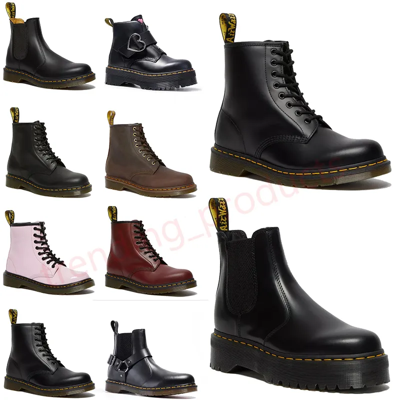 أحذية المساحات المسطحة Doc Martens Womens Boots Dr Martins امرأة Airwair منصة OG 1460 JADON Smooth Nappa Leather Martin Boot Yellow Stitch Booties Size 45