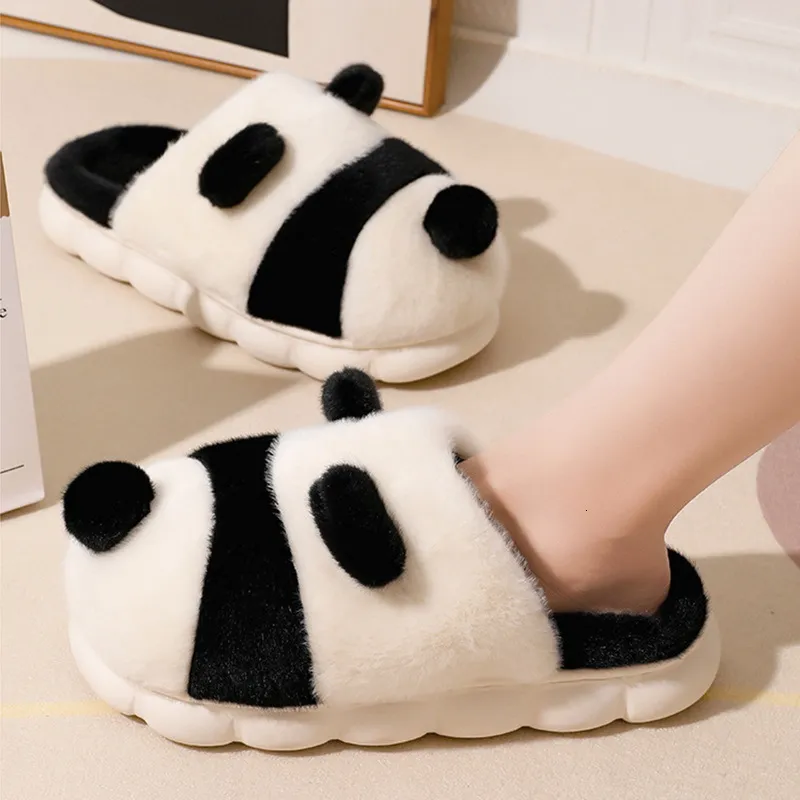 Terlik Kadın Sevimli Panda Kürklü Kış Hayvan Partten Kapalı Daireler Sıcak Ev Pamuk Ayakkabıları Slip Slaytlar Zapatillas Mujer 230921