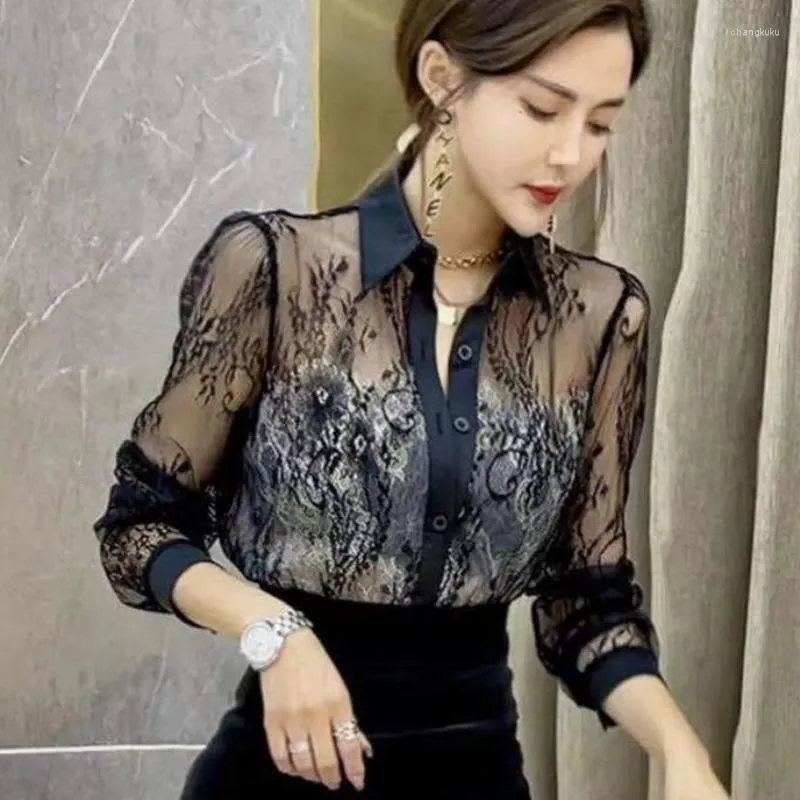 Blusas De Mujer Camisa Elegante Con Costuras De Encaje Y Flores
