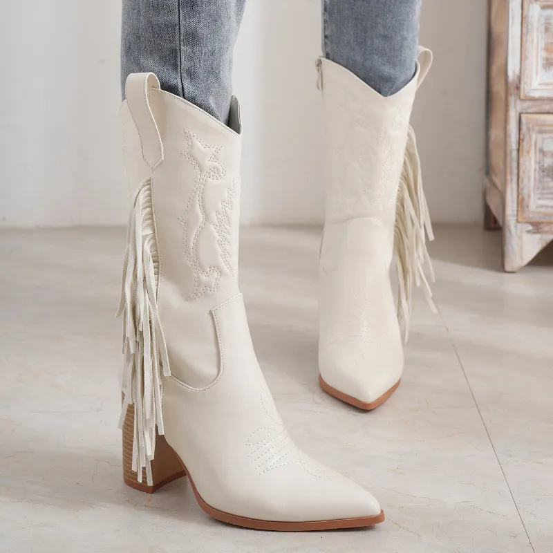 Boots Women New Fashion White Embroider Cowboy Autumn Pu Leather Knee High Woman Pointed Toe Square Heels Western Botas 230922