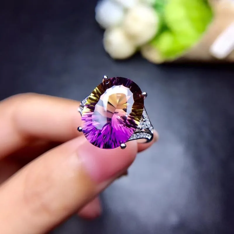 Cluster Ringen Luxe Vrouwen Ring Grote Maat Natuurlijke Ametrine 12x16mm Edelsteen Echt 925 Zilveren Fijne Sieraden Voor Lady Verjaardagsfeestje Cadeau