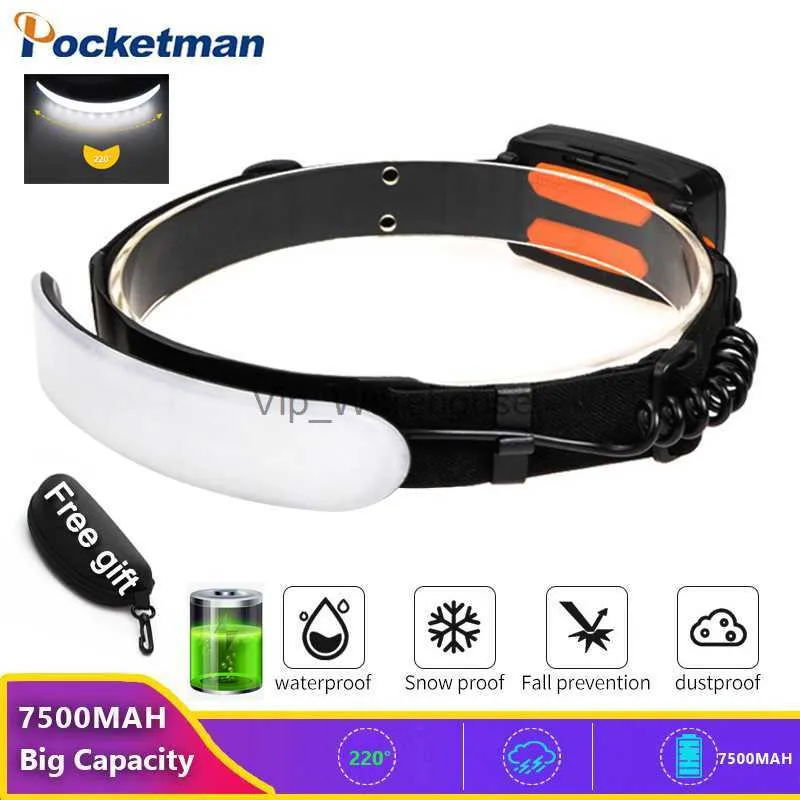 Head Lamps Pocketman Multifunktionell COB LED -strålkastare USB -laddningsbar strålkastarvattentät huvudljus med 7500mAh stor batterikapacitet HKD230922