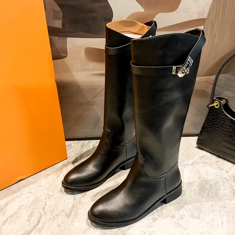 Womens Flat Bottom Leather Knee Boots With Metal Buckle And Rubber