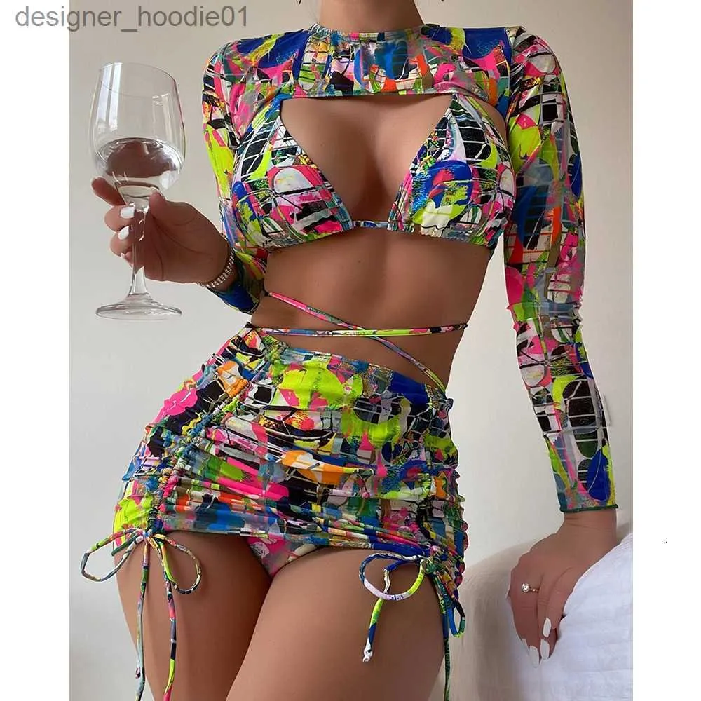 Kvinnors badkläder Kvinnor S Badkläder Print Bikinis med långa ärmar Cover -Ups Swimsuit Women kjolar 4 stycken Set Female String Halter Bathing Summer 230111 L230922