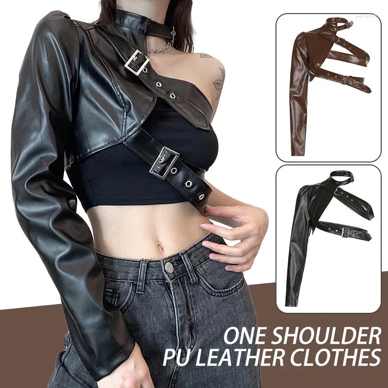 Chaquetas de mujer Hip Hop Moda PU Chaqueta de cuero Mujeres Botones de metal Un hombro Sexy Punk Streetwear Halter Crop Tops Goth Techwear