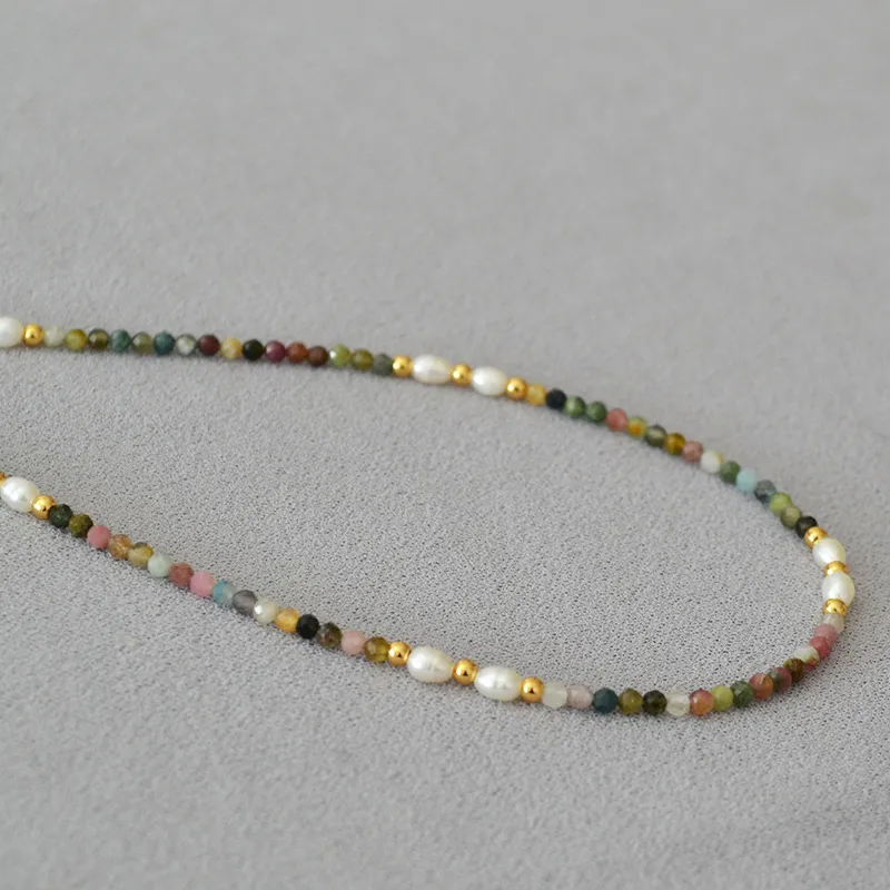 4mm retro color tourmaline white freshwater rice pearl beads simple versatile necklace clavicle chain female 40cm