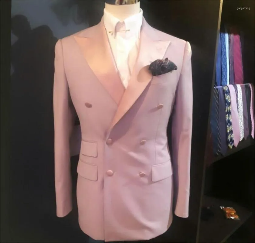 Men's Suits Pink Double Breasted Mens 2 Pieces Slim Groom Man Pants Suit Business Wedding Tailored Blazer Jacket (Jacket Pants)