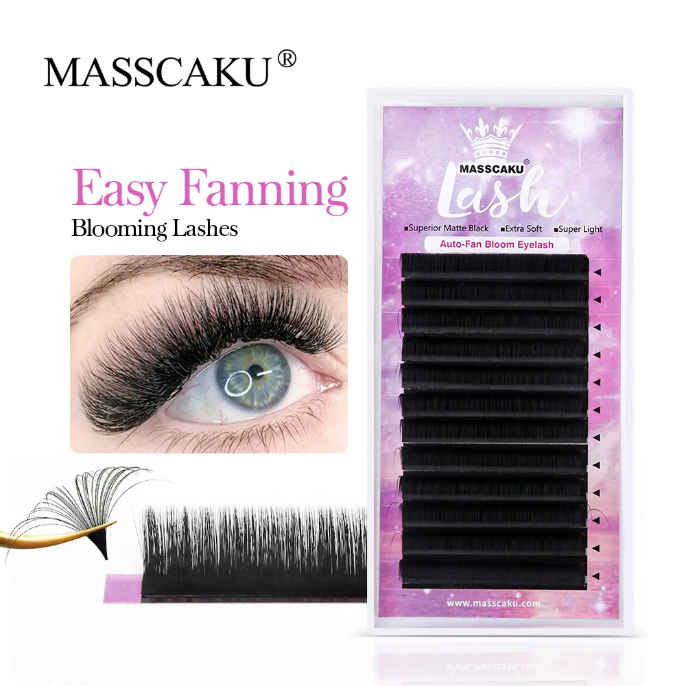 Falska ögonfransar Masscaku Eyelash Extension D Curl 007 Snabb volym Easy Fan Automatisk blommande blommor Matt Svart Volym fransar 230921