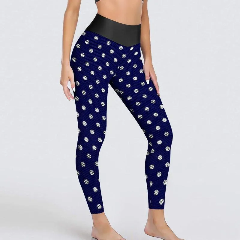 Kvinnors leggings blå polka dot retro tryck kör yoga byxor kvinnlig push up leggins sexig sömlös anpassad sportstys stor storlek