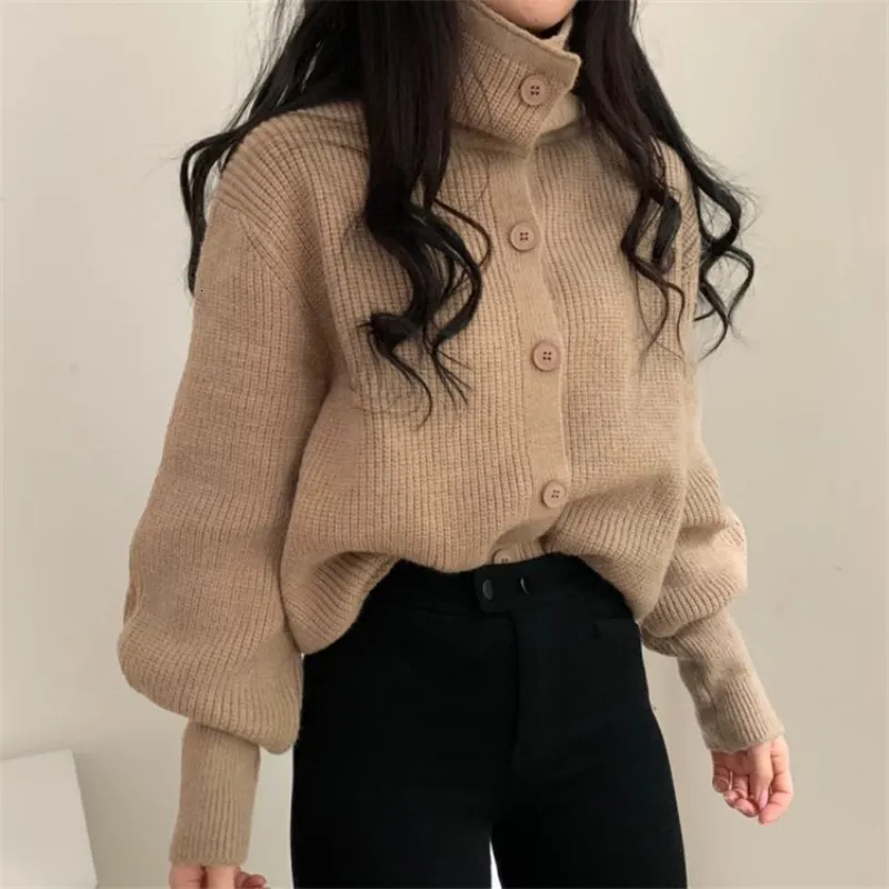 Kvinnor stickar Tees Korean Autumn Winter Cardigan Sweater Temperament High Collar Lapel SingleBreasted Sweaters Enkla lösa stickade rockar Topp 230921