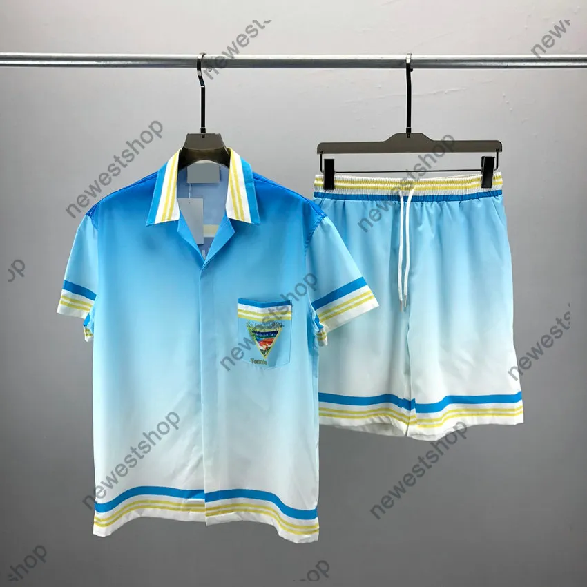 24SS дизайнерские мужские спортивные костюмы мужские комплекты Гавайи мужские с буквенным принтом Короткие женские футболки с роскошным принтом на спине Брюки повседневные бриджи хлопковые мужские шорты синяя футболка комплект