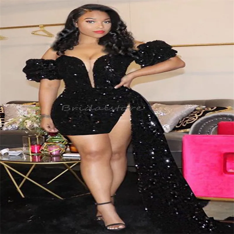 Plus Size Shiny Black Homecoming Dress 2024 Asymmetrical Short Sleeve Sequin Black Girls Prom Dress Glitter Cocktail Graduations Aso Ebi African Evening Dress 2023