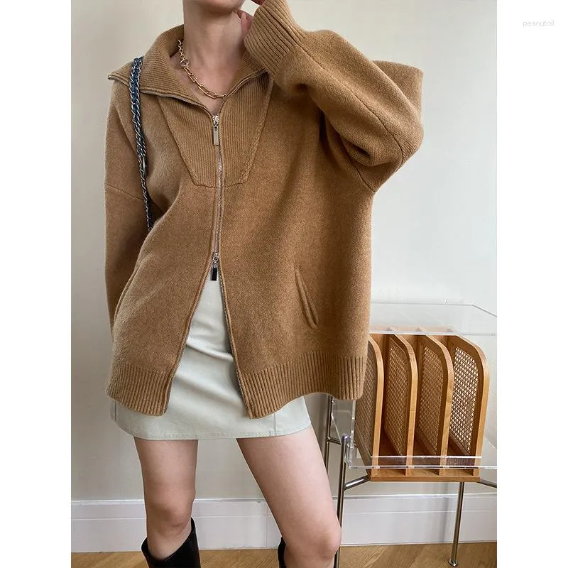 Women's Knits Double Zipper Fit Loose Polo's Collared Oversized Knitted Cardigan Sweater