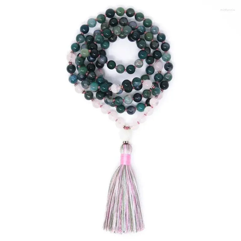 ペンダントネックレスヒーリングスピリチュアリティローズQ-UARTE MOSS A-GATE MALA PRAYANE BEADS TASSELネックレスノット108ヨガジュエリー