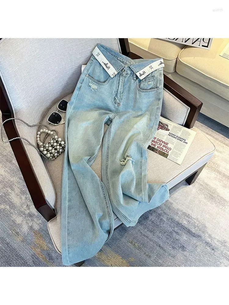 Kvinnors jeans 2023 rippade baggy denim byxor hög midja lösa koreanska y2k streetwear kvinnliga vintage blå bredben byxor kläder