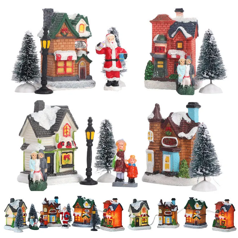 Dekorativa föremål Figurer Led Harts Christmas Village Ornament Set Decoration Santa Claus Pine Needles Snow View House Holiday Gift Home Decor 230922