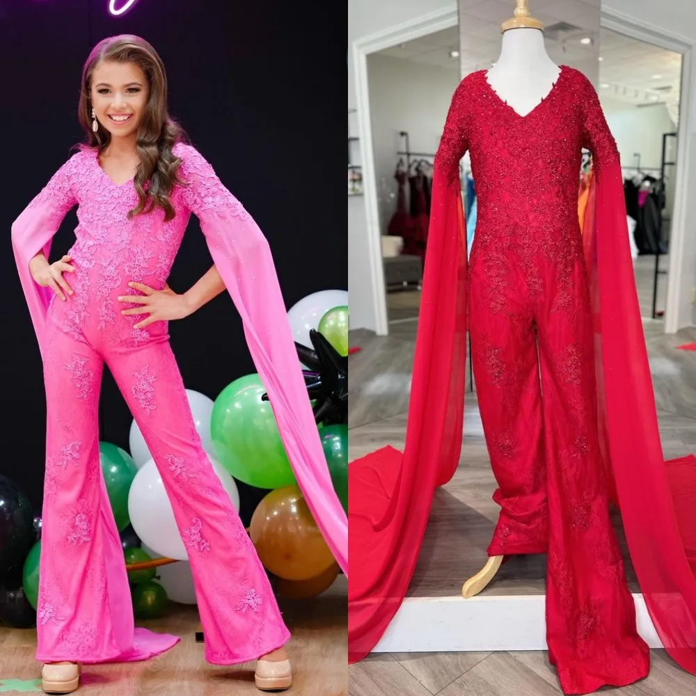 Dziewczyna Pageant Romper Dress 2024 Cape Rleeves koronkowe dziecko urodzinowe formalne przyjęcie Suknia Toddler Teen Miss Rising Star On Stage Fun Wywiad modowy pas startowy