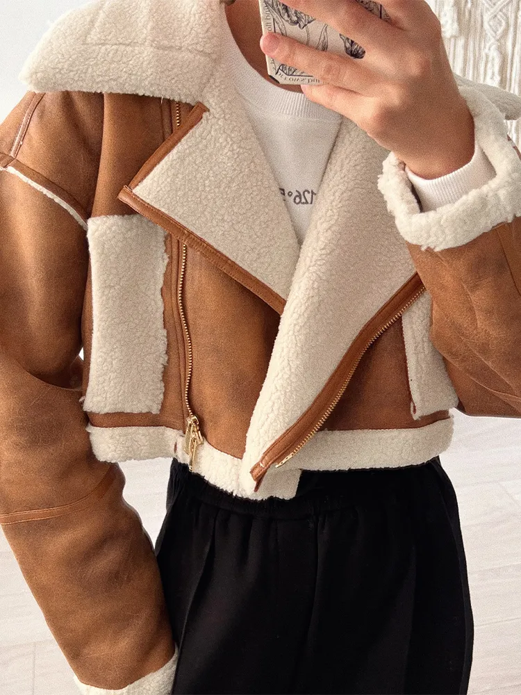 ムートン・ファーコート Plain Textured Brown Tibet Fur Short Jacket Women Winter Warm Fluffy Fur Jacket Ladies Solid Color Big